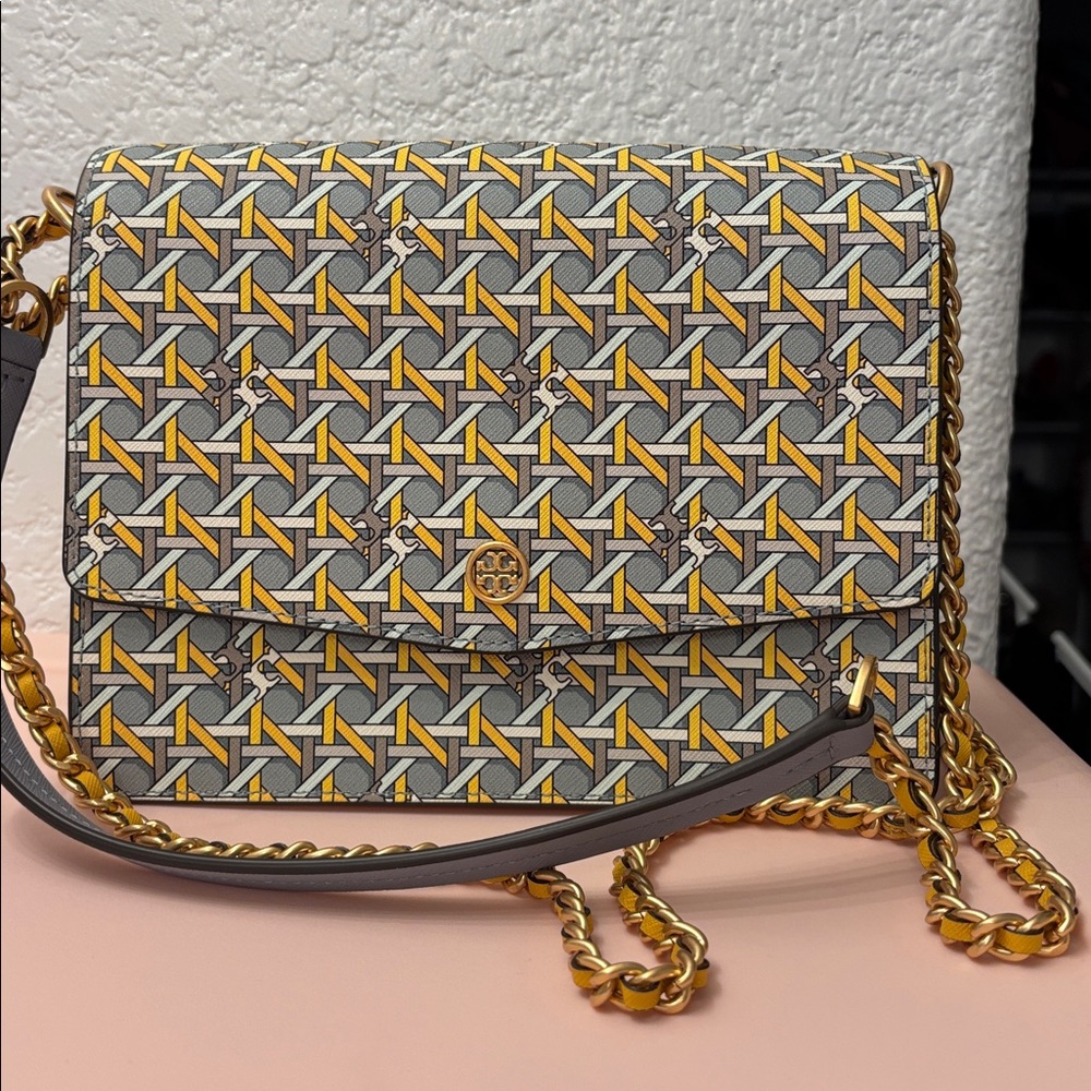 Tory Burch blue Yellow and Gray Geometric handbag crossbody purse gold hardware